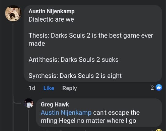 This meme is a screenshot of a Reddit comment where a user is discussing the video game "Darks Souls 2". The user is saying that the game is the best game ever made, and then immediately contradicts themselves by saying it's terrible. The user's comment is a humorous example of self-contradiction, poking fun at the idea that someone can passionately defend and then immediately reject their own opinion.